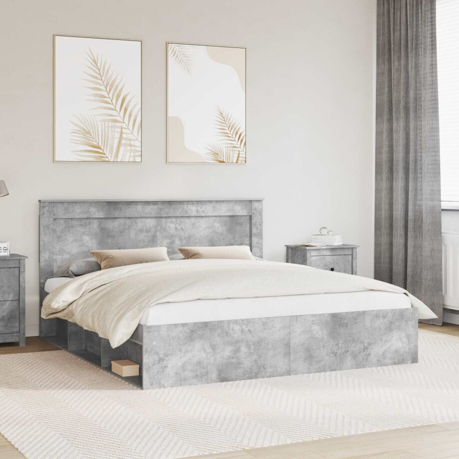 vidaXL Bedframe met hoofdeinde Beton 200 x 200 cm Massief grenenhout afbeelding 1
