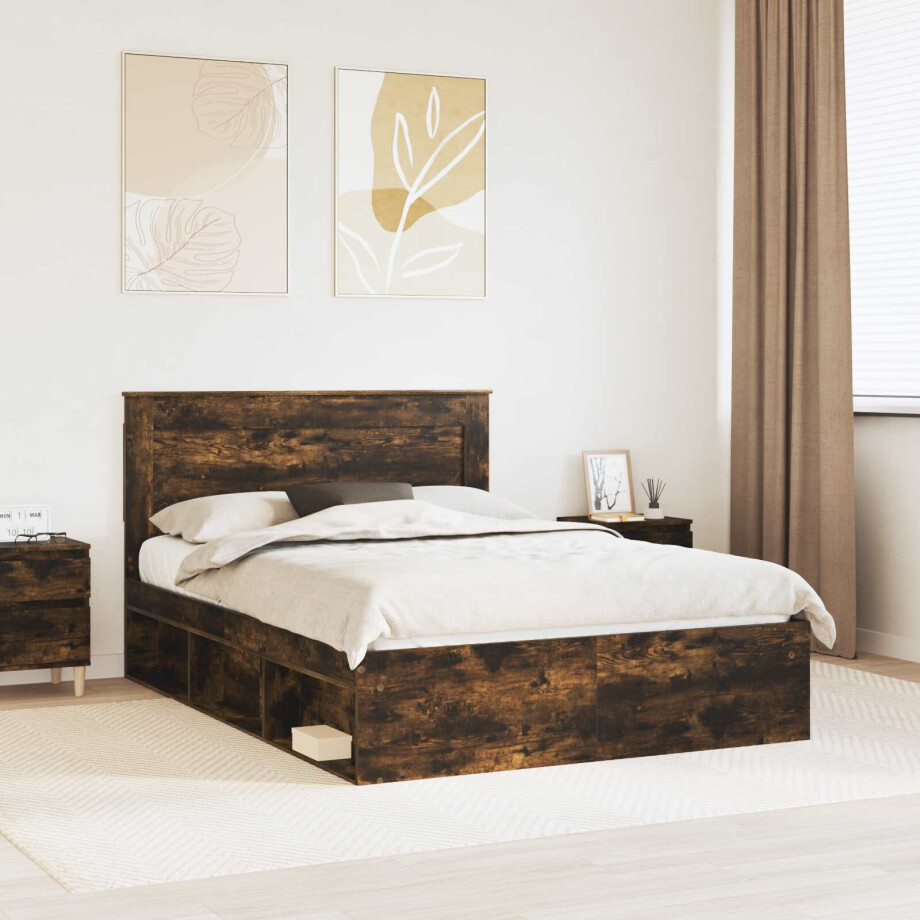 vidaXL Bedframe met lade Gerookt eiken 150 x 200 cm Massief grenenhout vidaXL Bedframe met lade Gerookt eiken 150 x 200 cm Massief grenenhout afbeelding 1