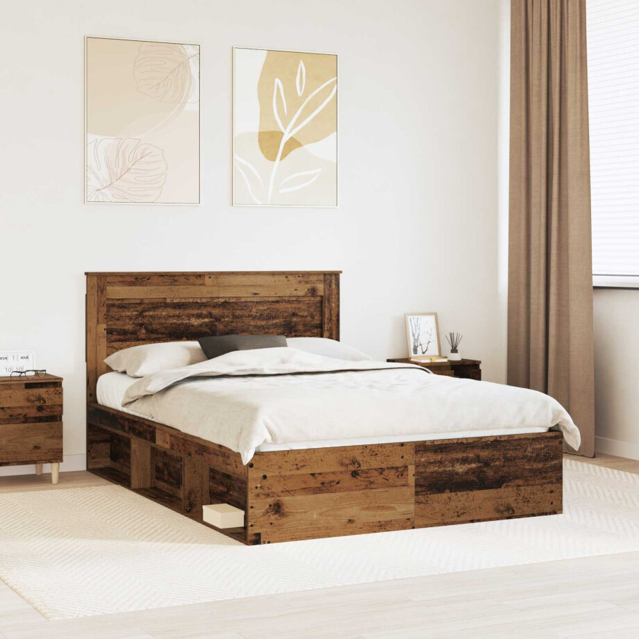 vidaXL Bedframe met hoofdeinde Oudhout 140 x 190 cm Massief grenenhout afbeelding 1