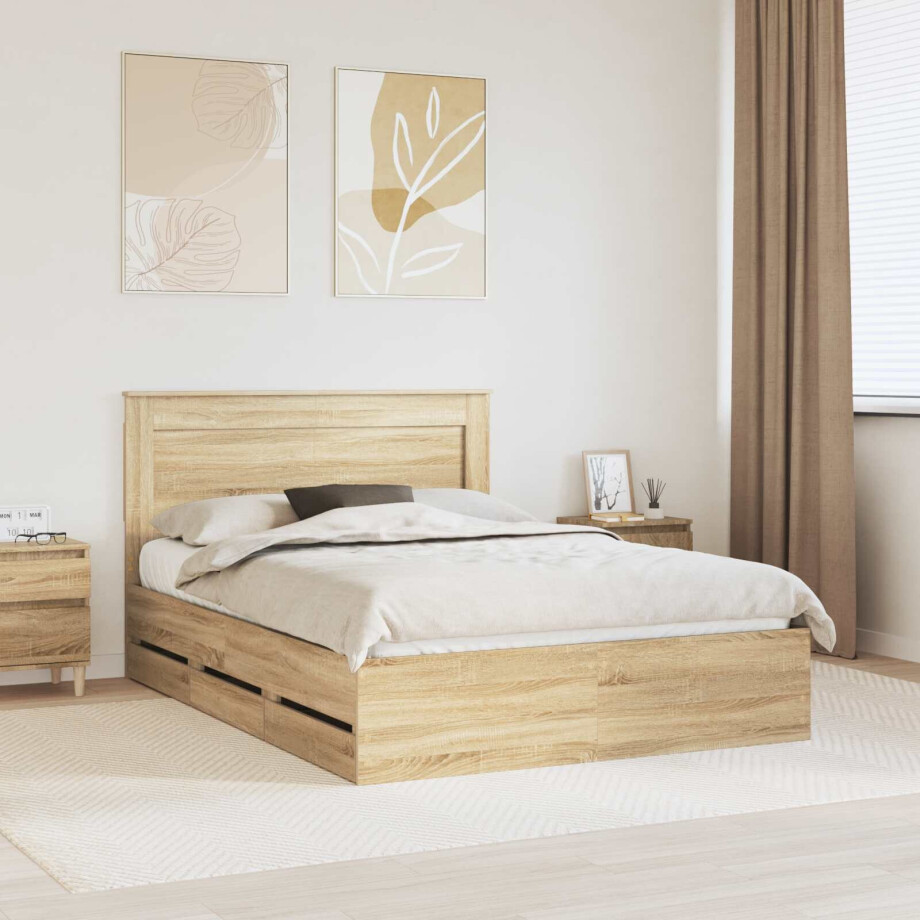 vidaXL Bedframe met lade Sonoma Eiken 140 x 200 cm Ingenieurshout afbeelding 1