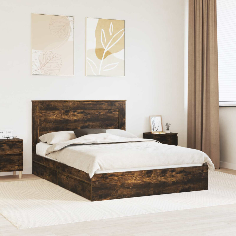 vidaXL Opslag bed met lade Gerookt eiken 160 x 200 cm Bewerkt hout vidaXL Opslag bed met lade Gerookt eiken 160 x 200 cm Bewerkt hout afbeelding 1