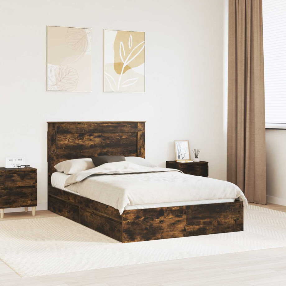 vidaXL Opslag bed met lade Gerookt eiken 135 x 190 cm Bewerkt hout afbeelding 1