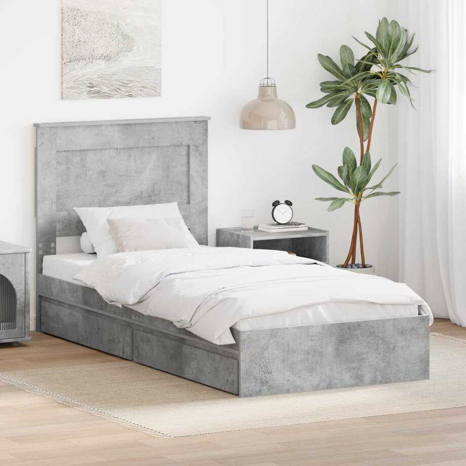vidaXL Opslag bed met hoofdeinde Beton Grijs 90 x 200 cm Bewerkt hout afbeelding 1