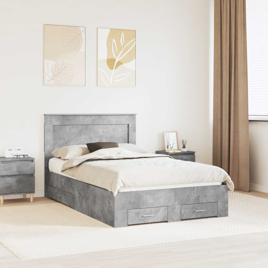 vidaXL Bedframe met hoofdeinde Beton Grijs 120 x 200 cm Bewerkt hout afbeelding 1