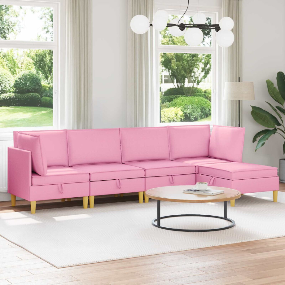 vidaXL Modulaire Sofa Set met Opslag 5 pcs Roze Stof vidaXL Modulaire Sofa Set met Opslag 5 pcs Roze Stof afbeelding 1