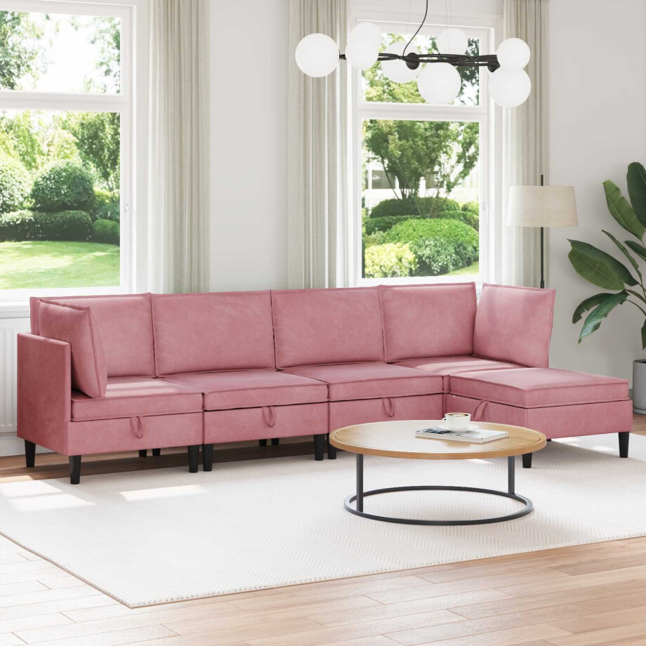 vidaXL Woonkamer Meubelset met kussen met opslag 5 pcs Roze Fluweel vidaXL Woonkamer Meubelset met kussen met opslag 5 pcs Roze Fluweel afbeelding 1