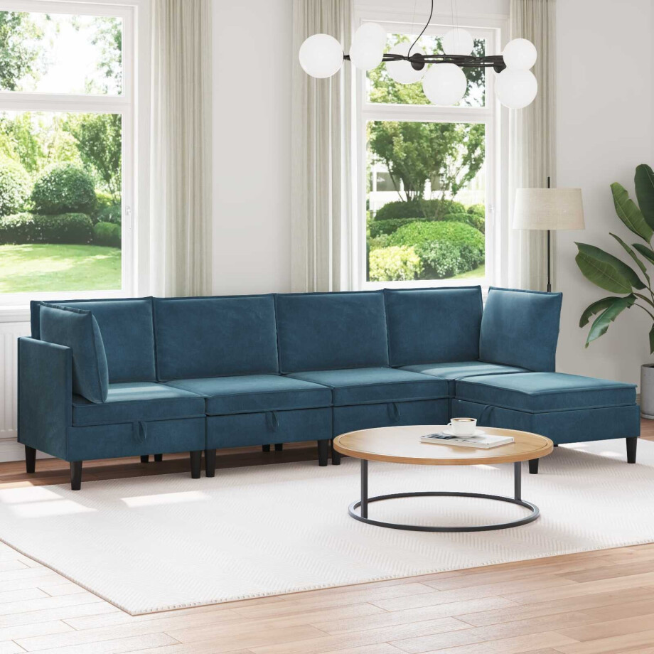 vidaXL Woonkamer Meubelset met kussen met opslag 5 pcs Blauw Fluweel vidaXL Woonkamer Meubelset met kussen met opslag 5 pcs Blauw Fluweel afbeelding 1