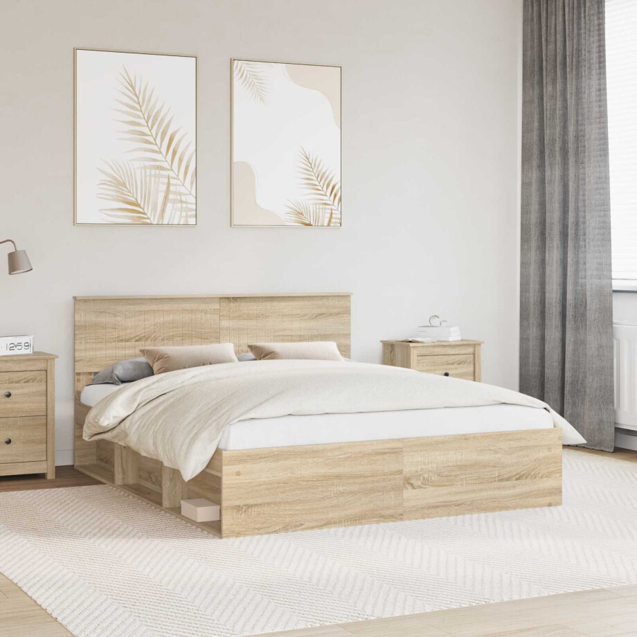 vidaXL Bedframe met hoofdeinde Sonoma 160 x 200 cm Massief grenenhout afbeelding 1