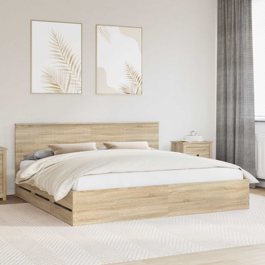 vidaXL Bedframe met lade Sonoma Eiken 200 x 200 cm Ingenieurshout afbeelding 1