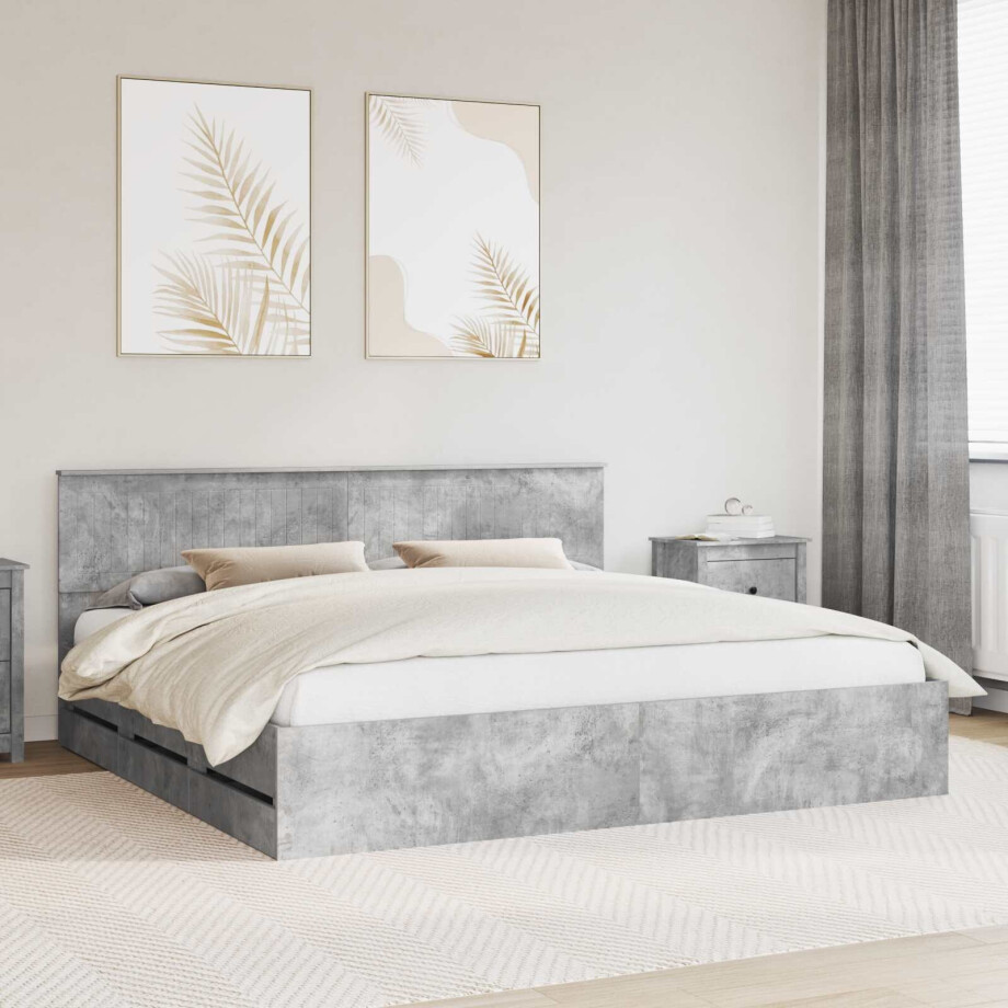 vidaXL Bedframe met lade Beton Grijs 200 x 200 cm Ingenieurshout afbeelding 1