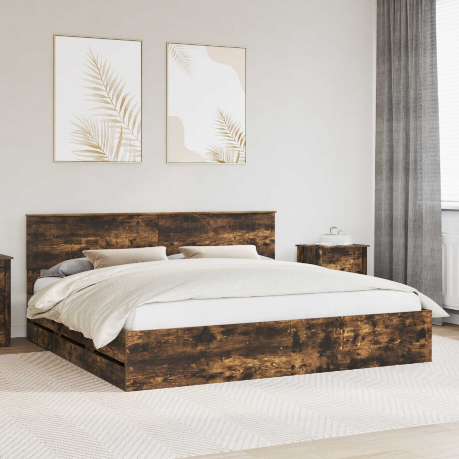 vidaXL Bedframe met lade Gerookt eiken 200 x 200 cm Ingenieurshout afbeelding 1