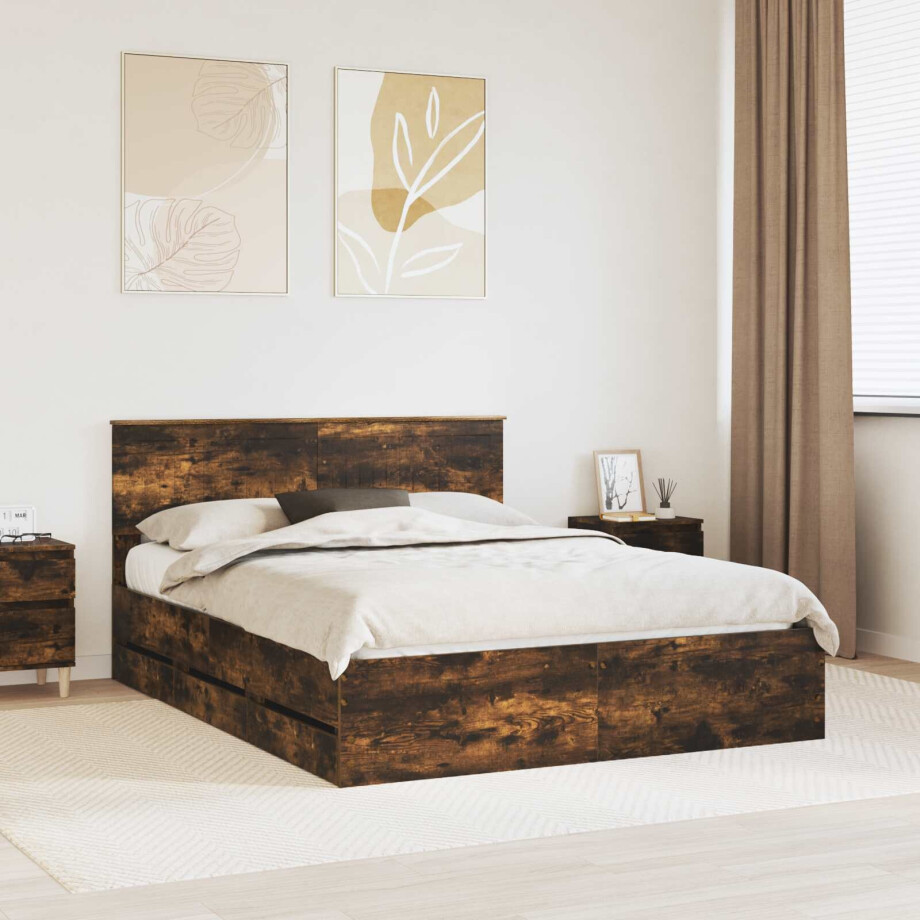vidaXL Bedframe met lade Gerookt eiken 150 x 200 cm Ingenieurshout vidaXL Bedframe met lade Gerookt eiken 150 x 200 cm Ingenieurshout afbeelding 1