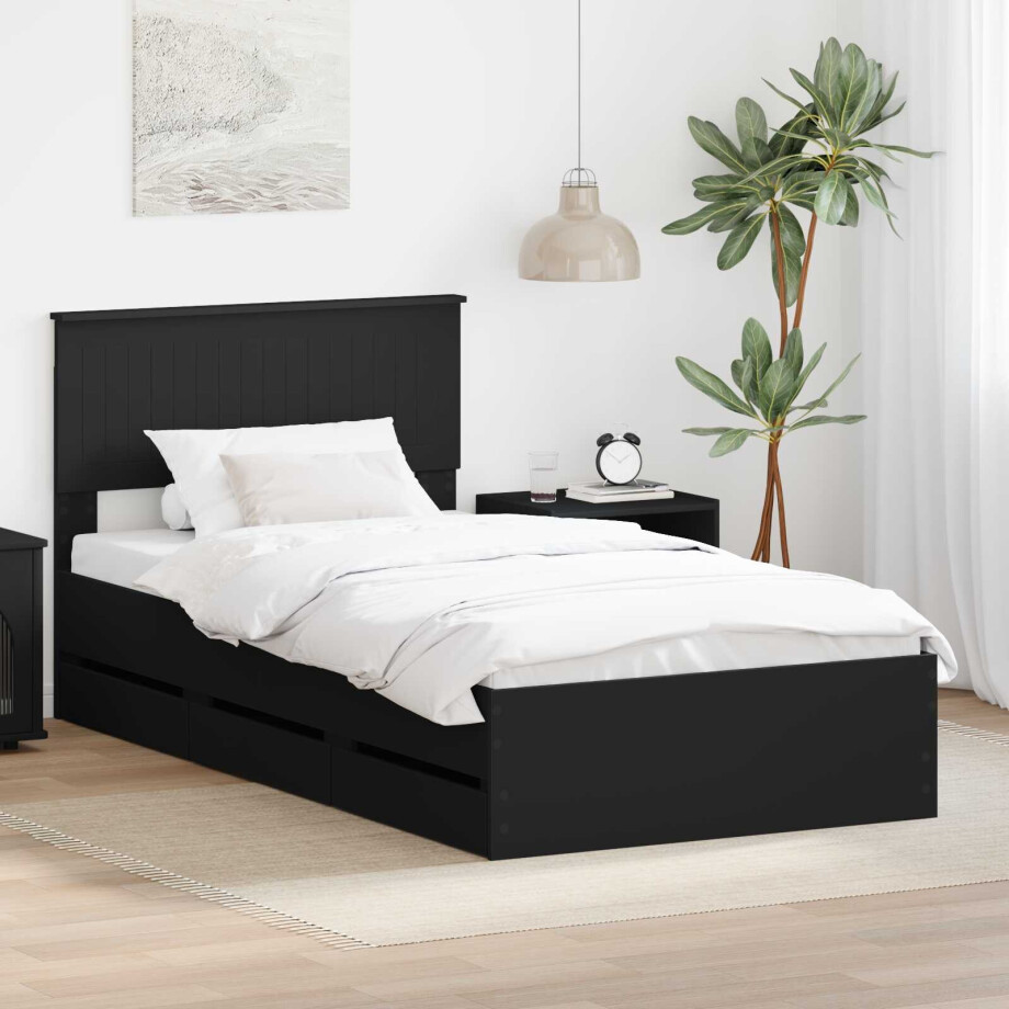 vidaXL Bedframe met lade met opslag Zwart 100 x 200 cm Ingenieurshout afbeelding 1