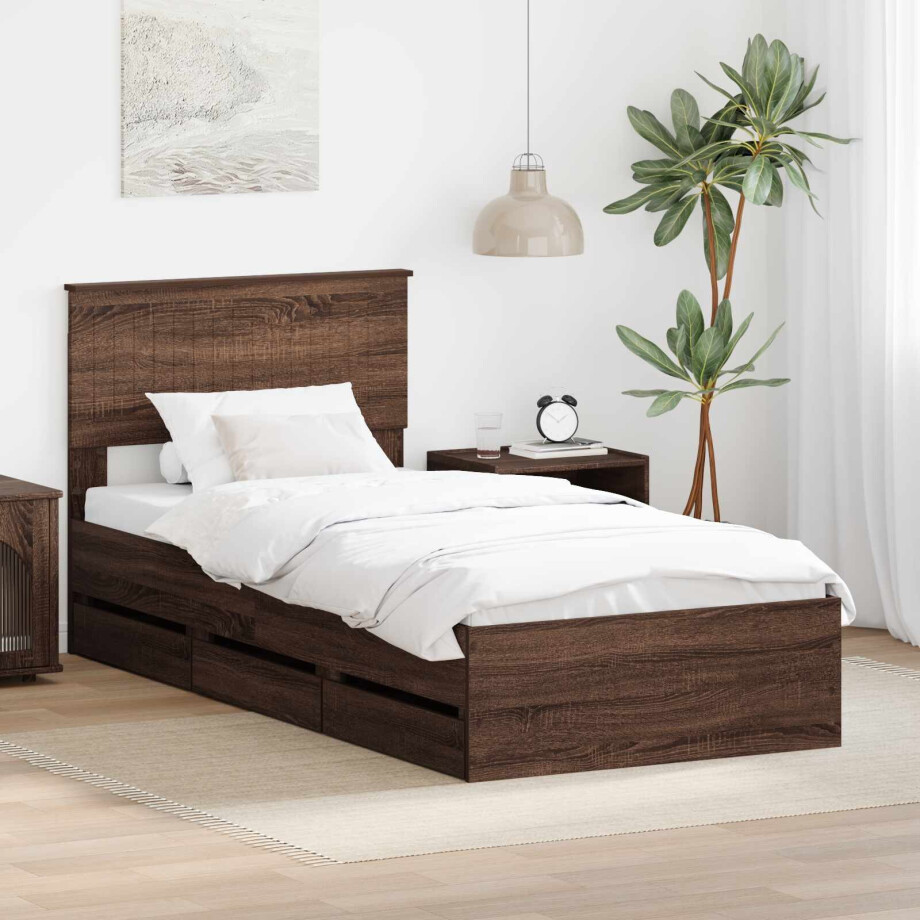vidaXL Bedframe met lade Bruin Eiken 90 x 190 cm Ingenieurshout afbeelding 1