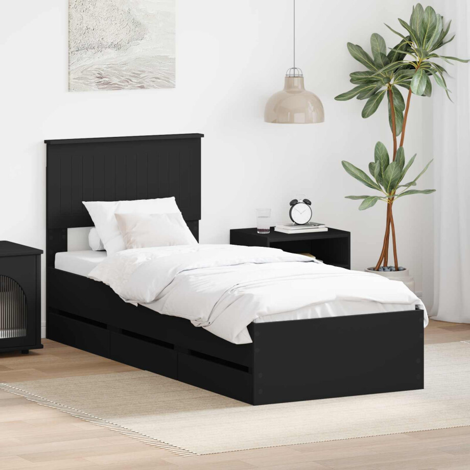 vidaXL Bedframe met lade met opslag Zwart 75 x 190 cm Ingenieurshout afbeelding 1