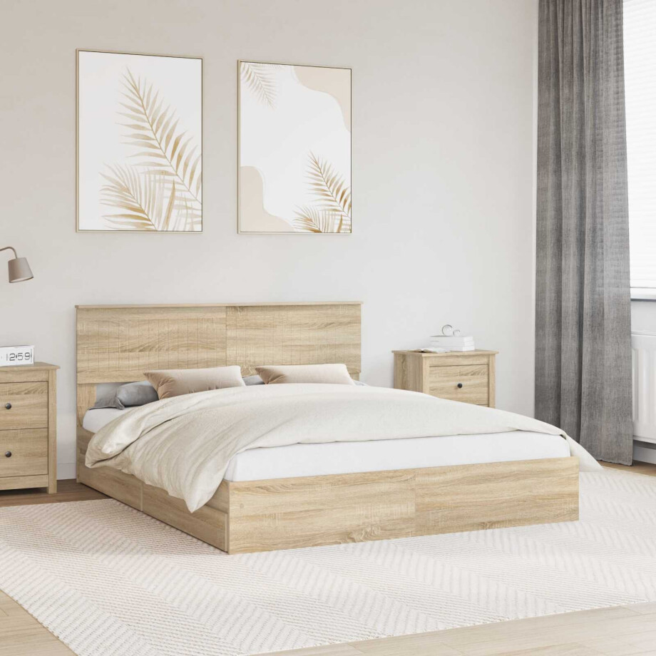 vidaXL Opslag bed met lade Sonoma Eiken 160 x 200 cm Bewerkt hout afbeelding 1