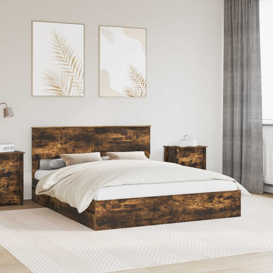 vidaXL Opslag bed met lade Gerookt eiken 160 x 200 cm Bewerkt hout afbeelding 1