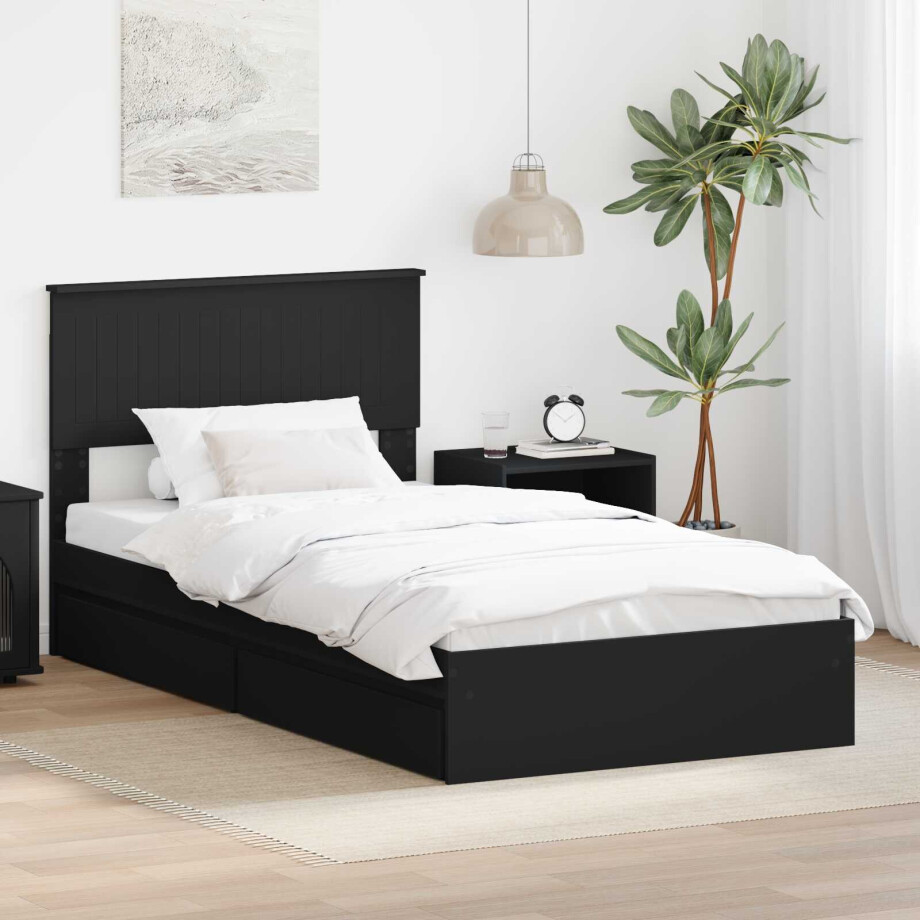 vidaXL Opslag bed met hoofdeinde Zwart 100 x 200 cm Bewerkt hout afbeelding 1