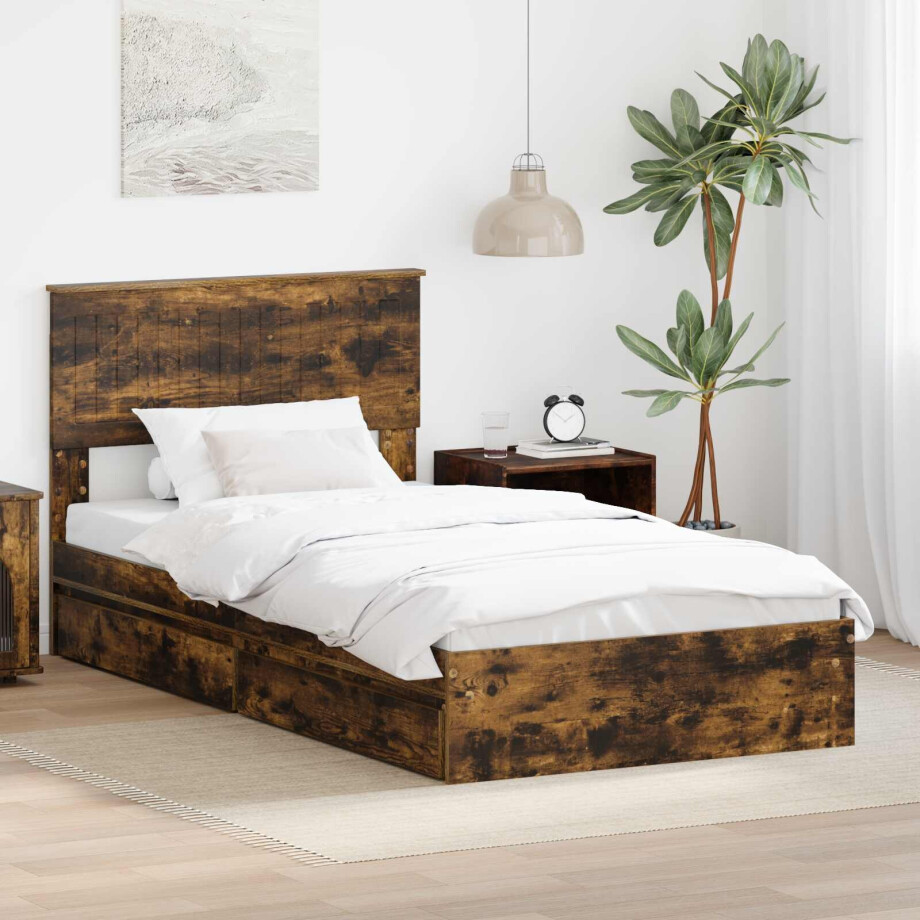 vidaXL Opslag bed met lade Gerookt eiken 100 x 200 cm Bewerkt hout afbeelding 1
