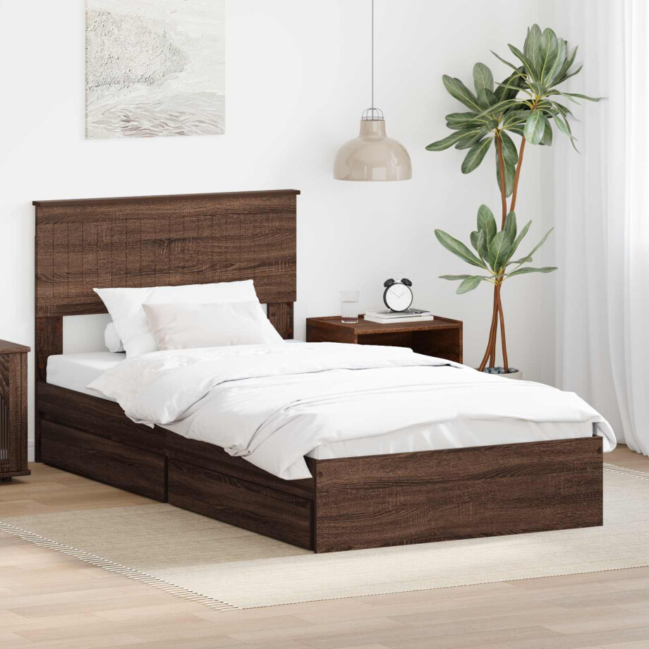 vidaXL Opslag bed met hoofdeinde Bruin Eiken 100 x 200 cm Bewerkt hout afbeelding 1