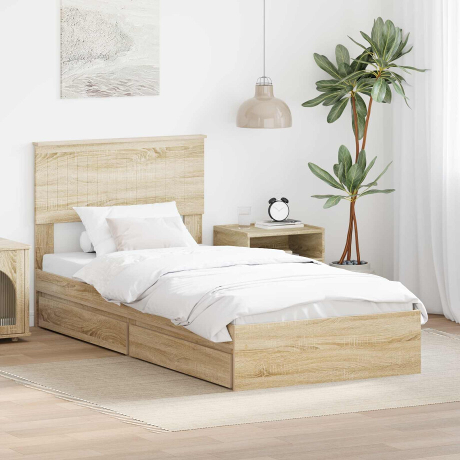 vidaXL Opslag bed met hoofdeinde Sonoma Eiken 90 x 200 cm Bewerkt hout afbeelding 1