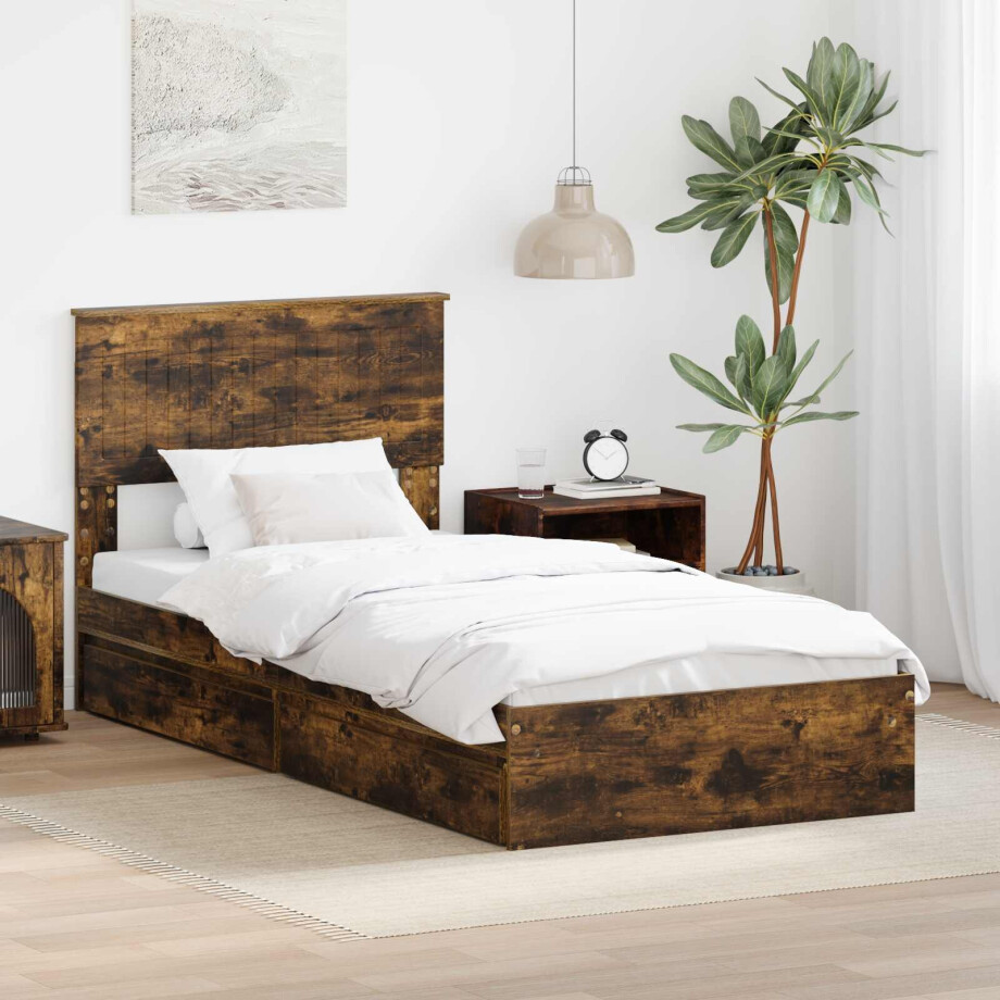 vidaXL Opslag bed met lade Gerookt eiken 90 x 200 cm Bewerkt hout afbeelding 1