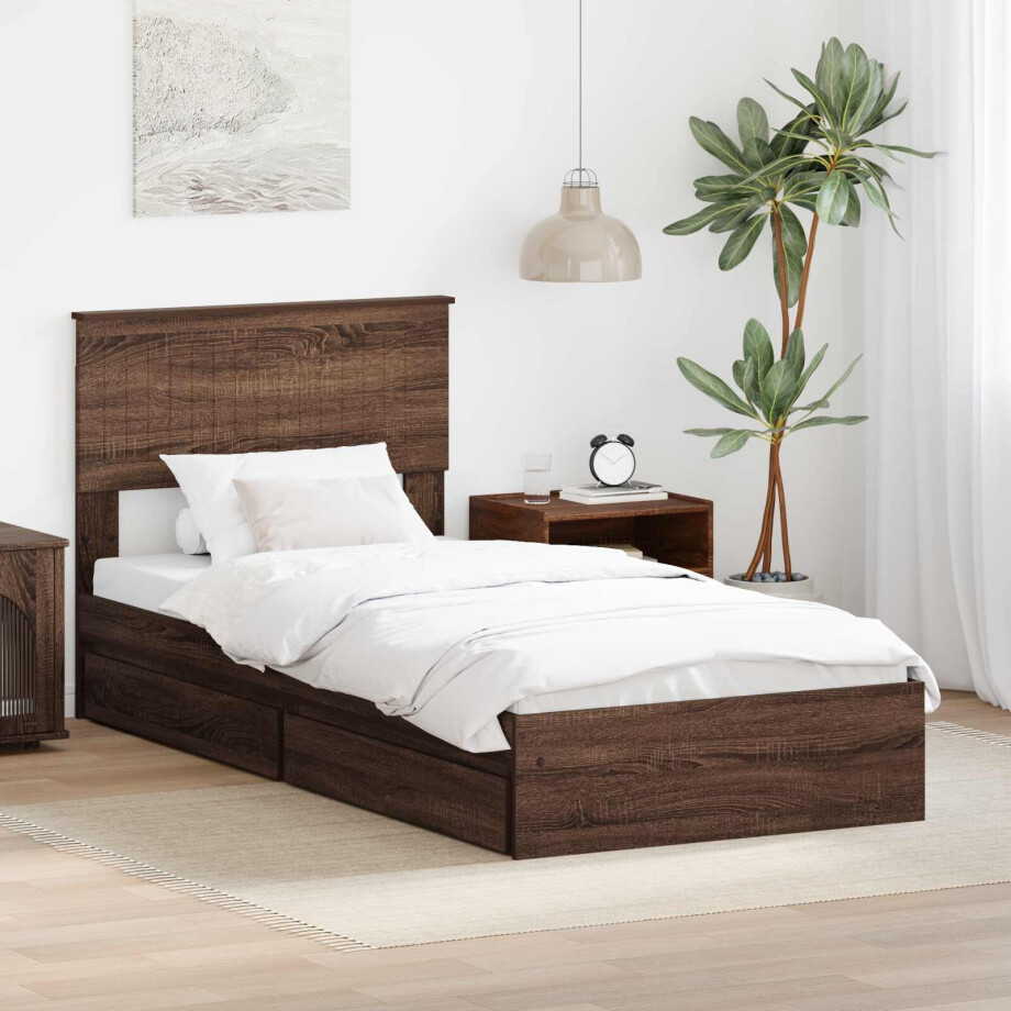 vidaXL Opslag bed met hoofdeinde Bruin Eiken 90 x 190 cm Bewerkt hout afbeelding 1