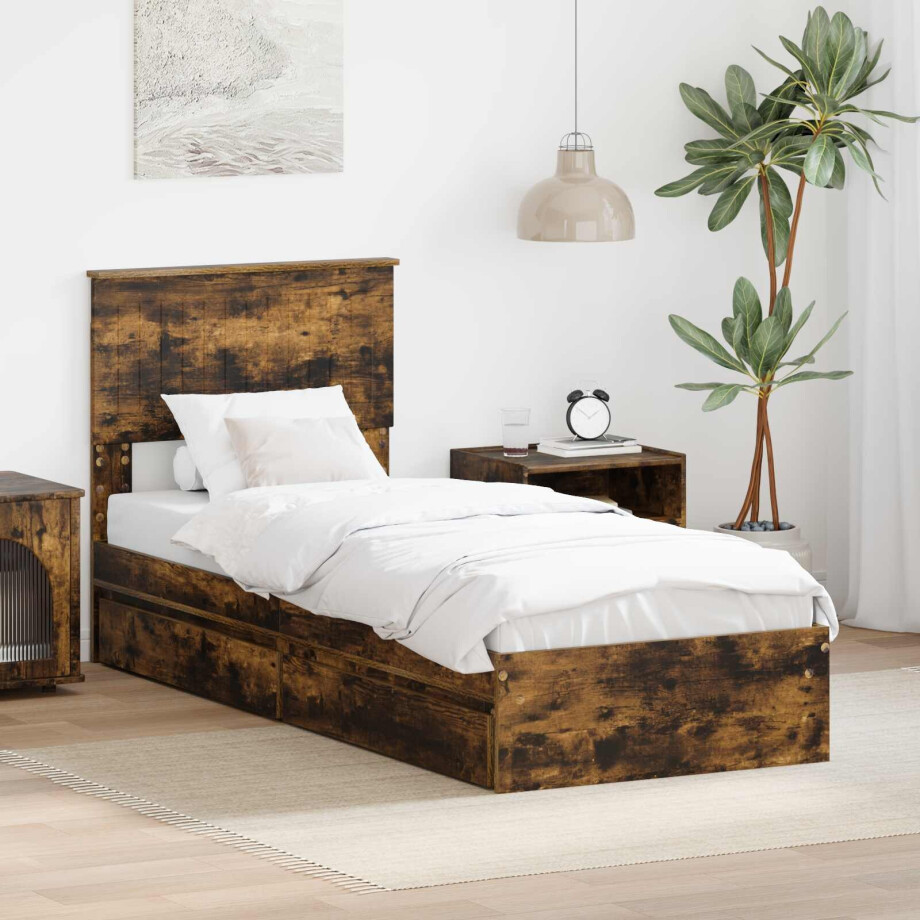 vidaXL Opslag bed met lade Gerookt eiken 75 x 190 cm Bewerkt hout vidaXL Opslag bed met lade Gerookt eiken 75 x 190 cm Bewerkt hout afbeelding 1