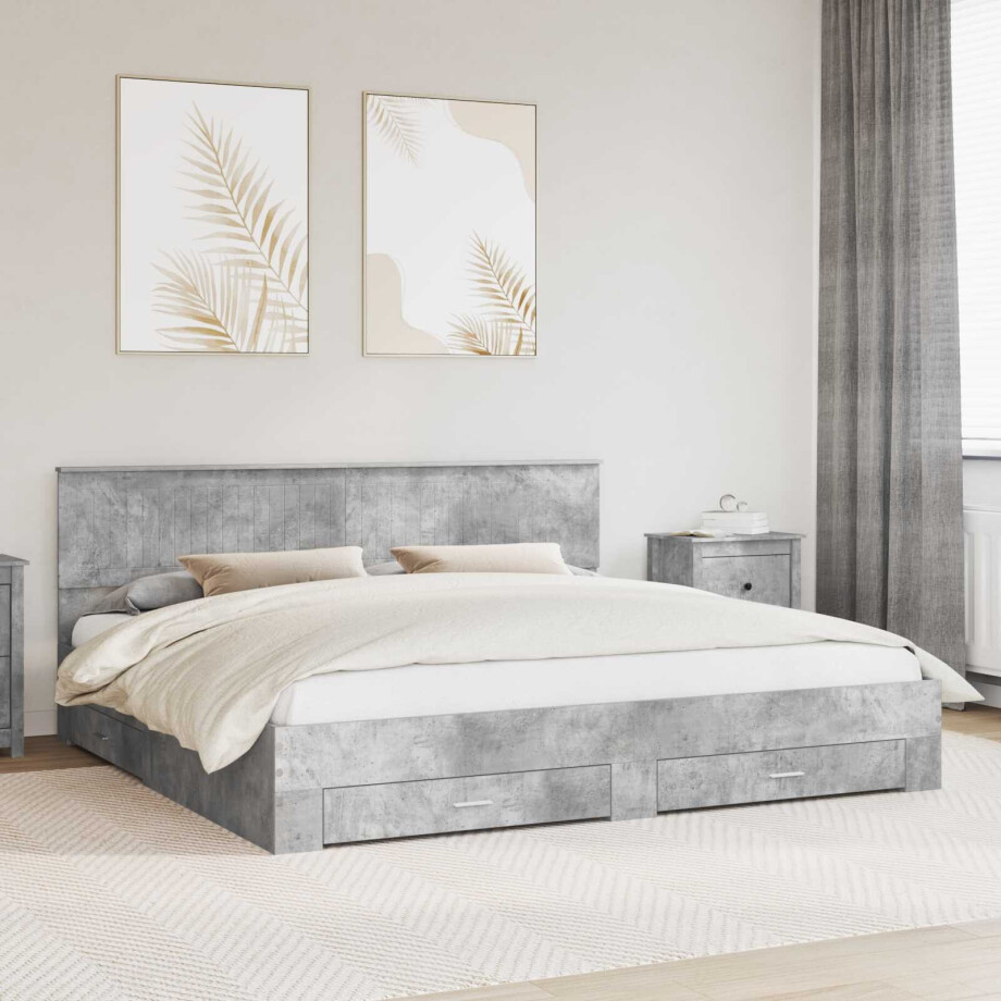 vidaXL Bedframe met hoofdeinde Beton Grijs 200 x 200 cm Bewerkt hout afbeelding 1