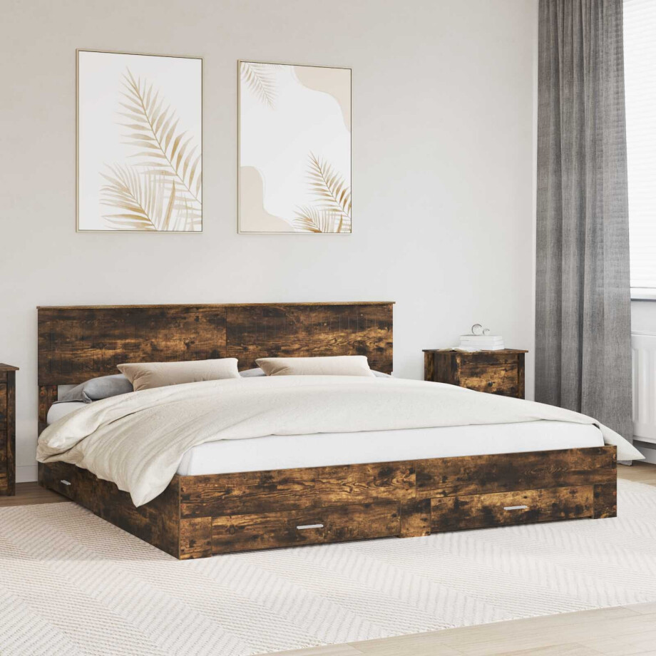 vidaXL Bedframe met hoofdeinde Gerookt eiken 200 x 200 cm Bewerkt hout afbeelding 1