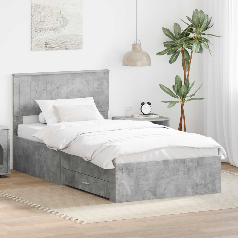 vidaXL Bedframe met hoofdeinde Beton Grijs 100 x 200 cm Bewerkt hout afbeelding 1