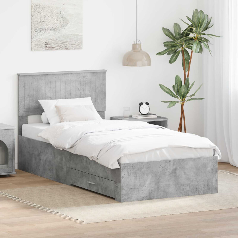 vidaXL Bedframe met hoofdeinde Beton Grijs 90 x 200 cm Bewerkt hout afbeelding 1