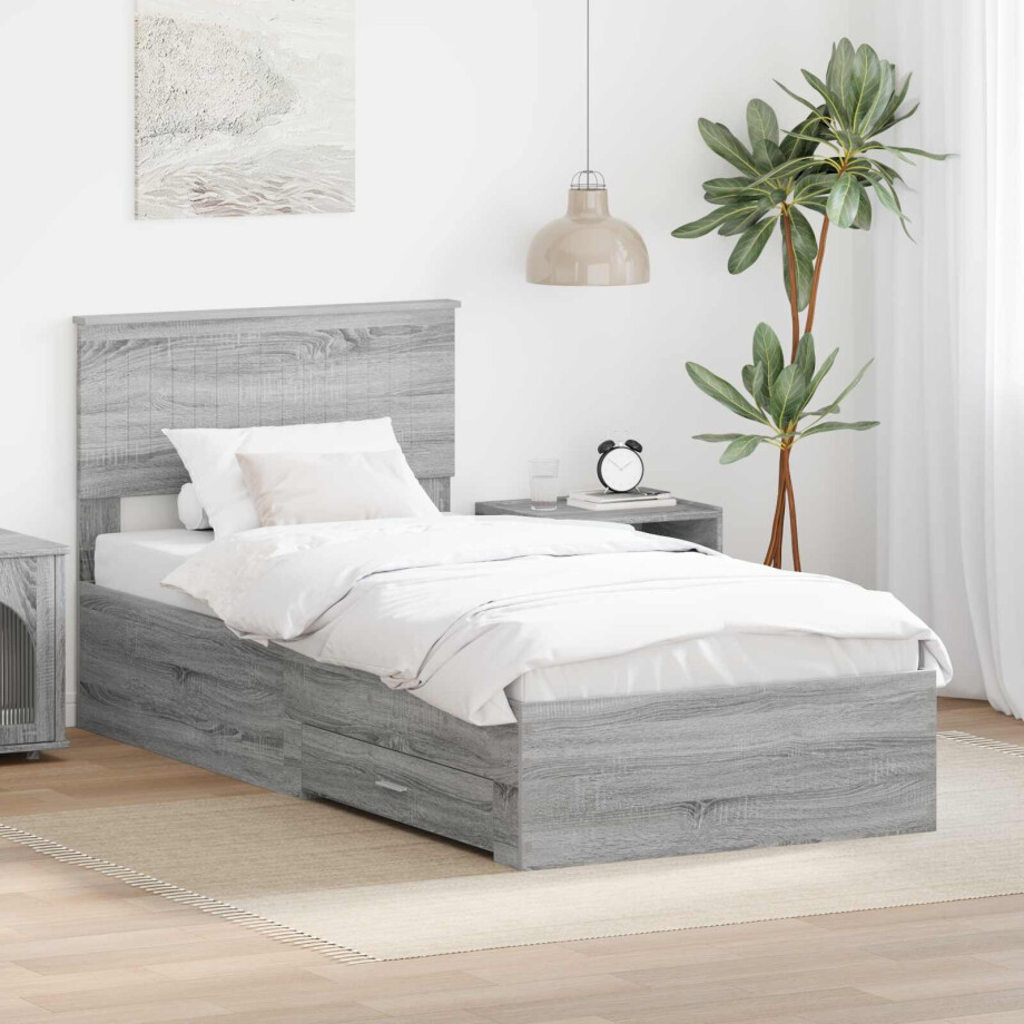 vidaXL Bedframe met hoofdeinde Grijs Sonoma 90 x 200 cm Bewerkt hout afbeelding 1