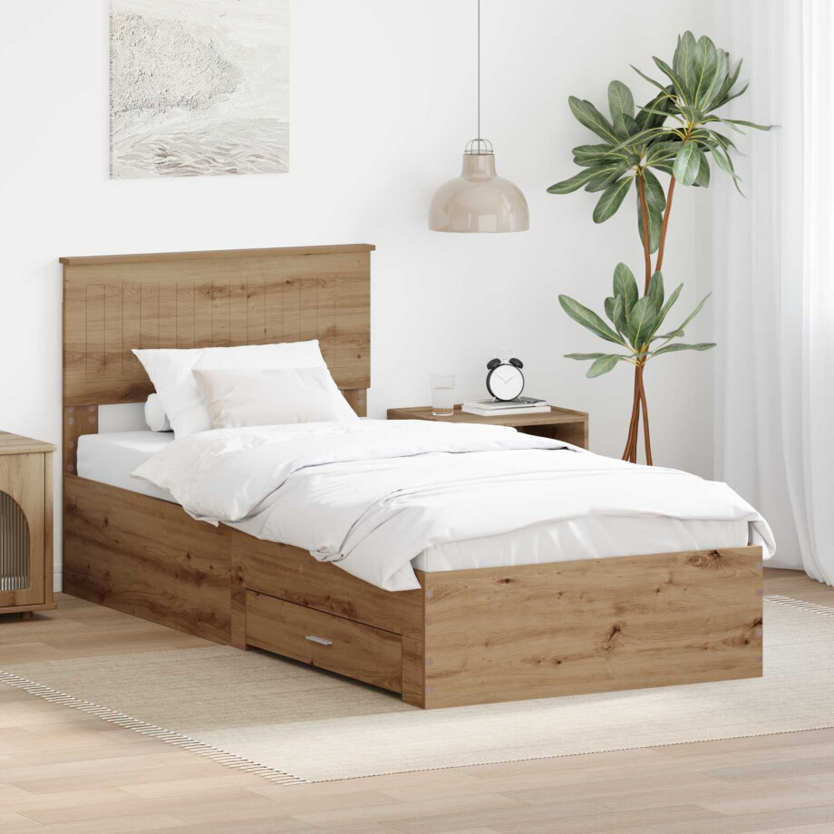vidaXL Bedframe met hoofdeinde Artisan Eiken 90 x 200 cm Bewerkt hout afbeelding 1
