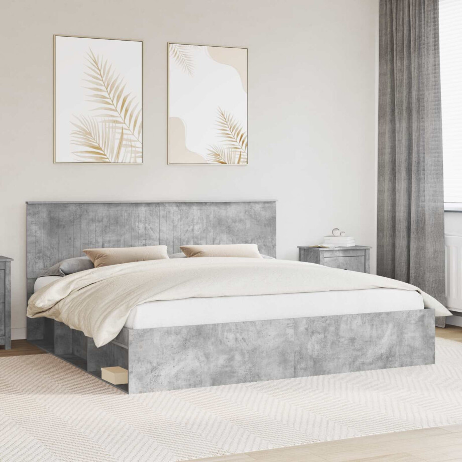 vidaXL Bedframe met hoofdeinde Beton 200 x 200 cm Massief grenenhout afbeelding 1
