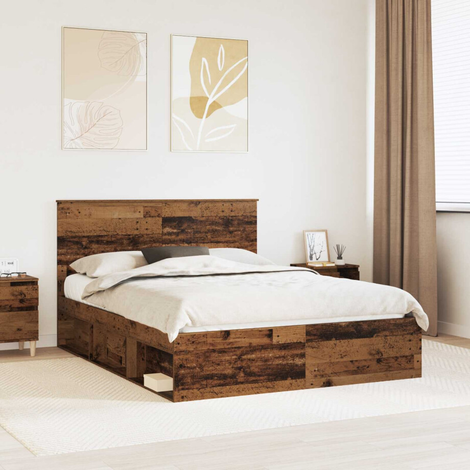 vidaXL Bedframe met hoofdeinde Oudhout 150 x 200 cm Massief grenenhout afbeelding 1