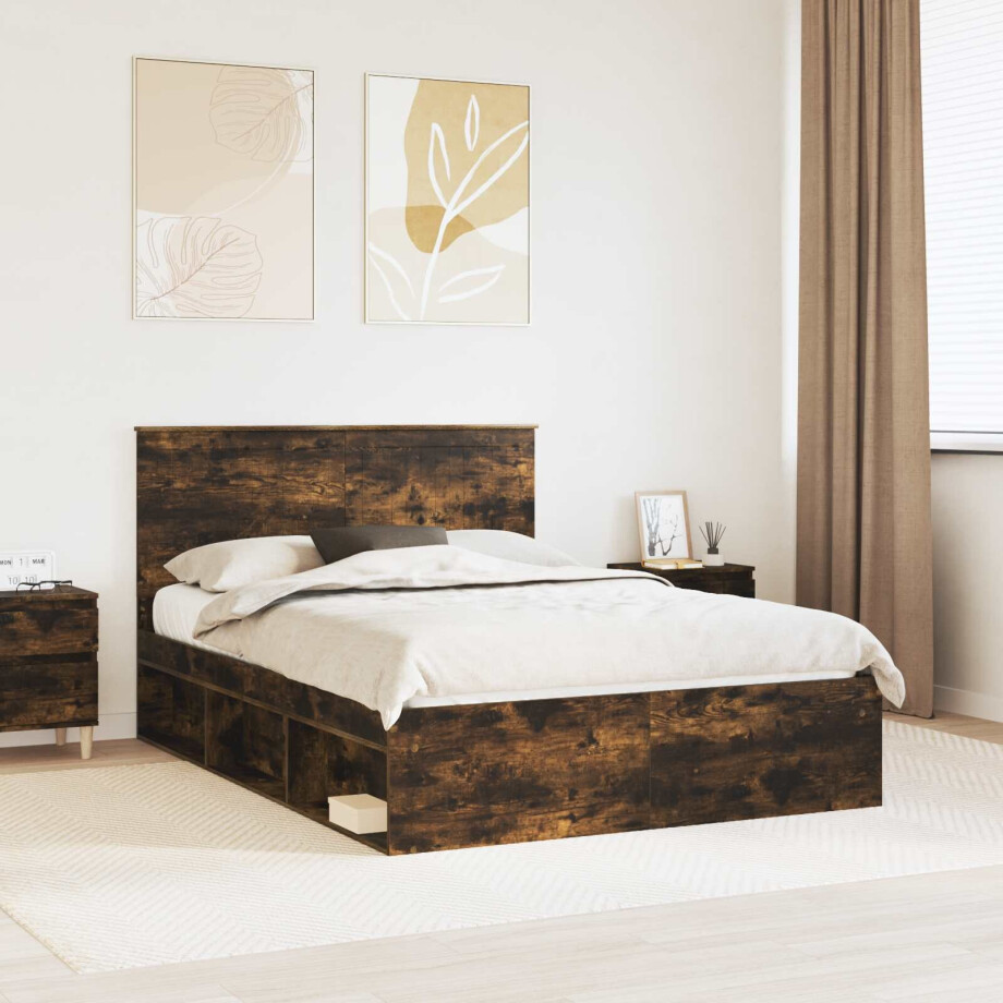 vidaXL Bedframe Gerookt eiken 135 x 190 cm Massief grenenhout afbeelding 1