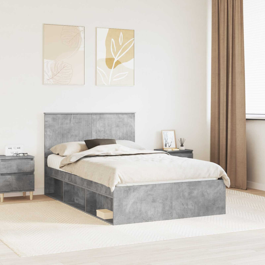 vidaXL Bedframe met hoofdeinde Beton 120 x 200 cm Massief grenenhout afbeelding 1
