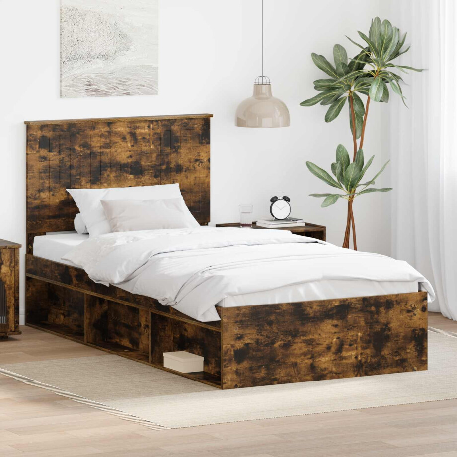vidaXL Bedframe Gerookt eiken 100 x 200 cm Massief grenenhout afbeelding 1