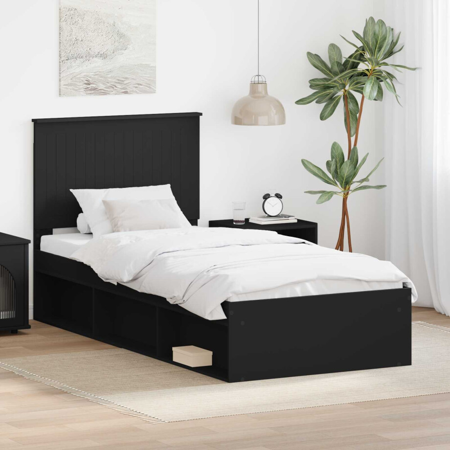 vidaXL Bedframe met hoofdeinde Zwart 90 x 200 cm Massief grenenhout vidaXL Bedframe met hoofdeinde Zwart 90 x 200 cm Massief grenenhout afbeelding 1