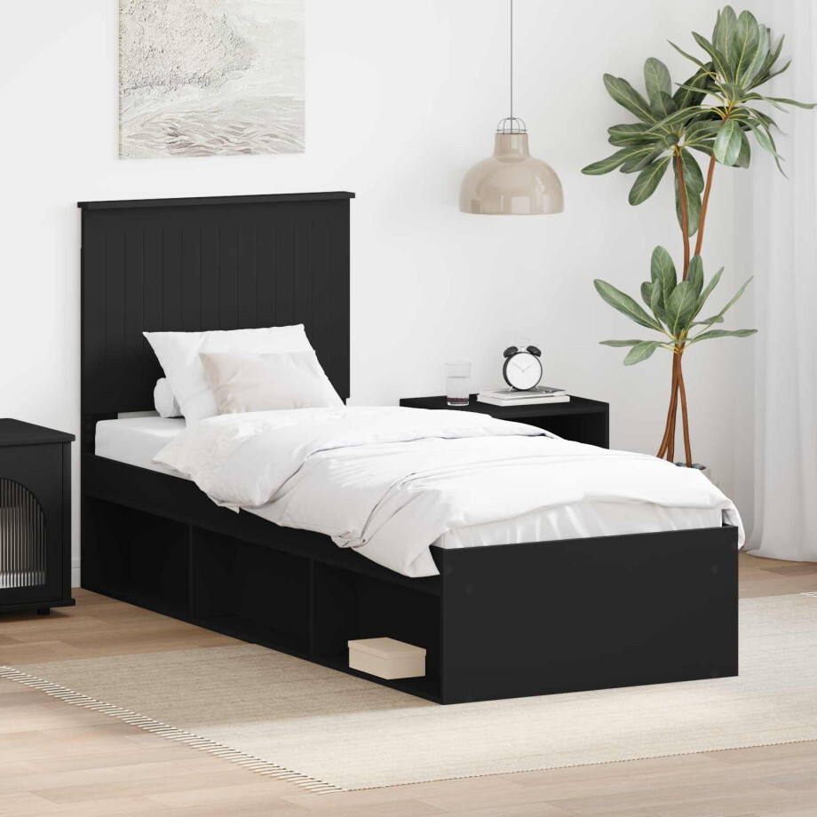 vidaXL Bedframe met hoofdeinde Zwart 75 x 190 cm Massief grenenhout vidaXL Bedframe met hoofdeinde Zwart 75 x 190 cm Massief grenenhout afbeelding 1