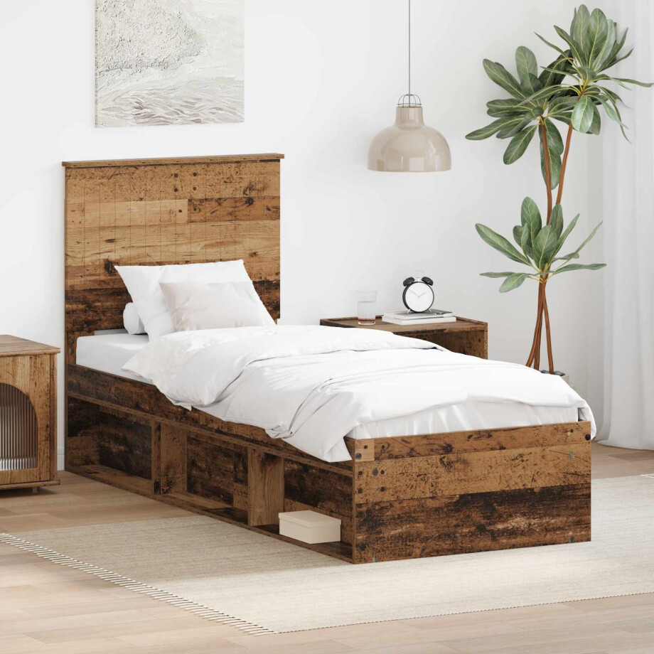 vidaXL Bedframe met hoofdeinde Oudhout 75 x 190 cm Massief grenenhout vidaXL Bedframe met hoofdeinde Oudhout 75 x 190 cm Massief grenenhout afbeelding 1