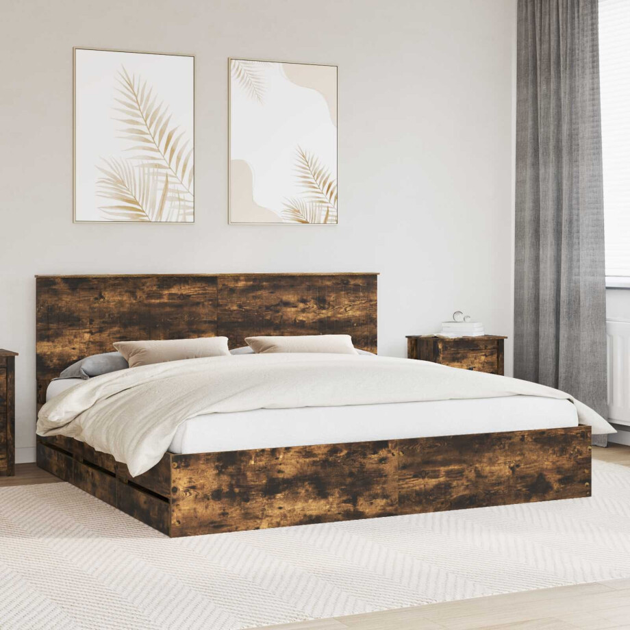 vidaXL Bedframe met lade Gerookt eiken 200 x 200 cm Ingenieurshout afbeelding 1