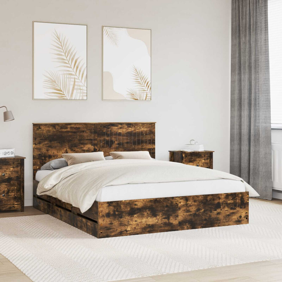 vidaXL Bedframe met lade Gerookt eiken 160 x 200 cm Ingenieurshout afbeelding 1