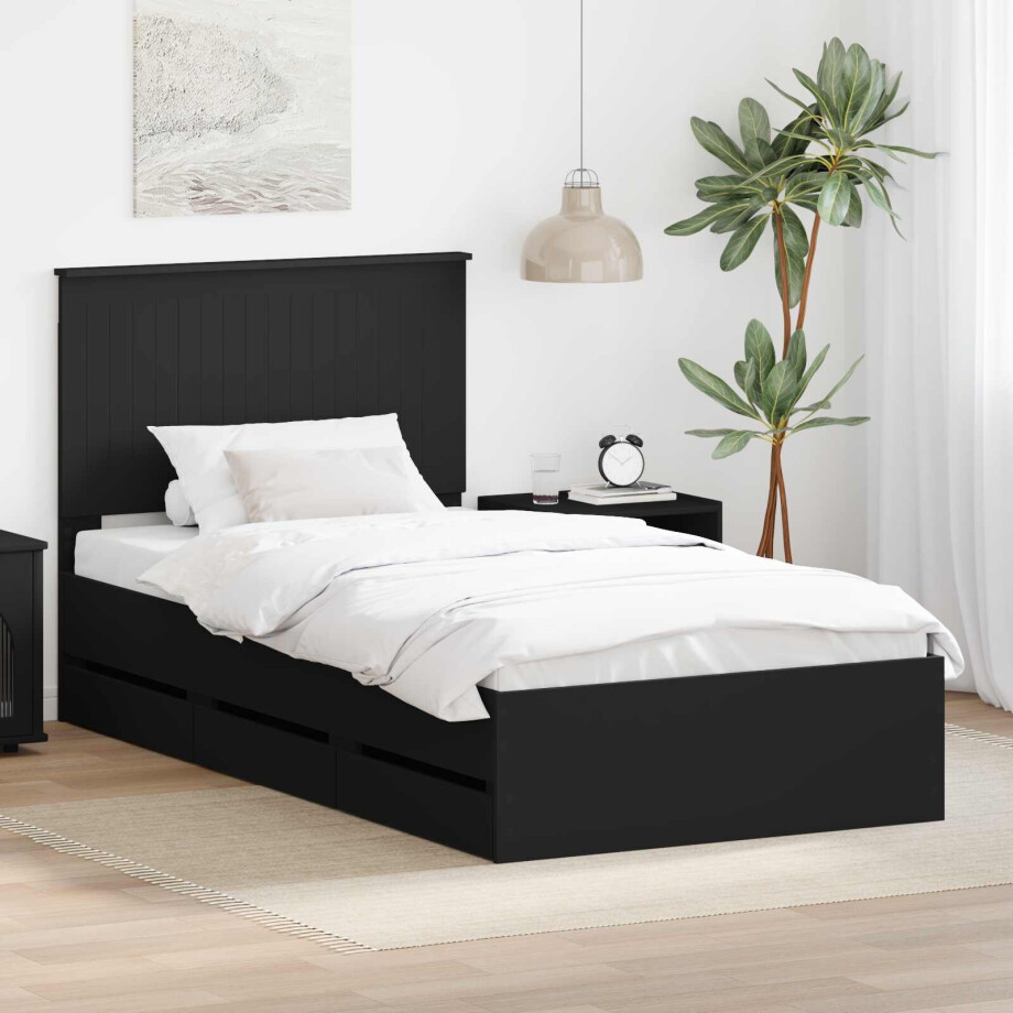 vidaXL Bedframe met lade met opslag Zwart 100 x 200 cm Ingenieurshout afbeelding 1