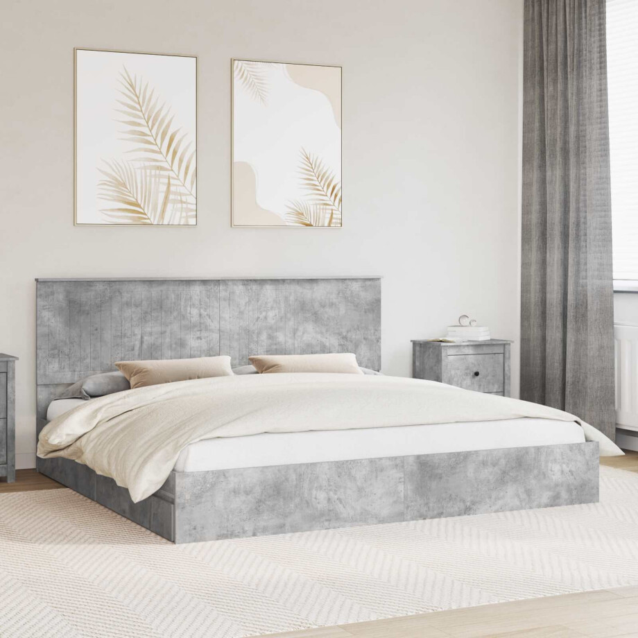 vidaXL Opslag bed met hoofdeinde Beton Grijs 200 x 200 cm Bewerkt hout afbeelding 1