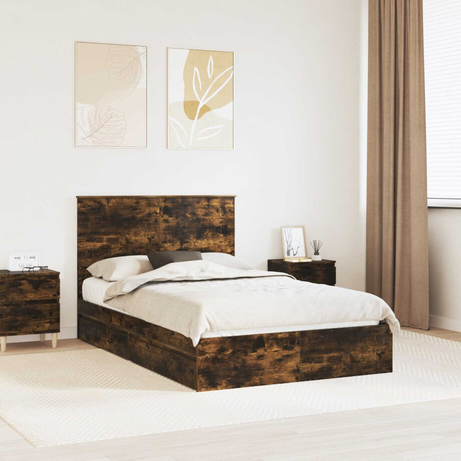 vidaXL Opslag bed met lade Gerookt eiken 120 x 190 cm Bewerkt hout afbeelding 1