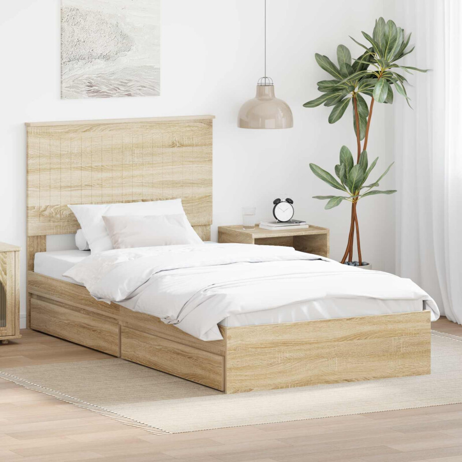 vidaXL Opslag bed met lade Sonoma Eiken 100 x 200 cm Bewerkt hout afbeelding 1