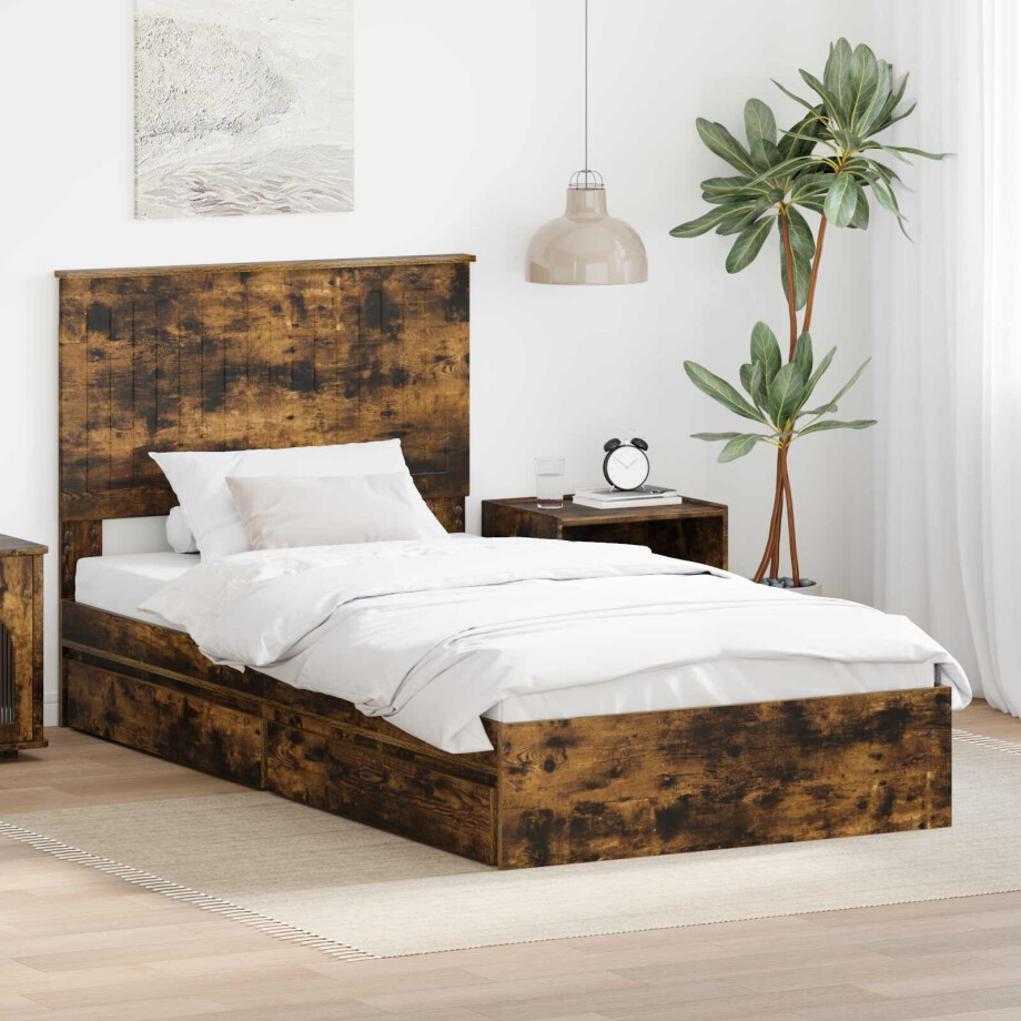 vidaXL Opslag bed met lade Gerookt eiken 100 x 200 cm Bewerkt hout vidaXL Opslag bed met lade Gerookt eiken 100 x 200 cm Bewerkt hout afbeelding 1