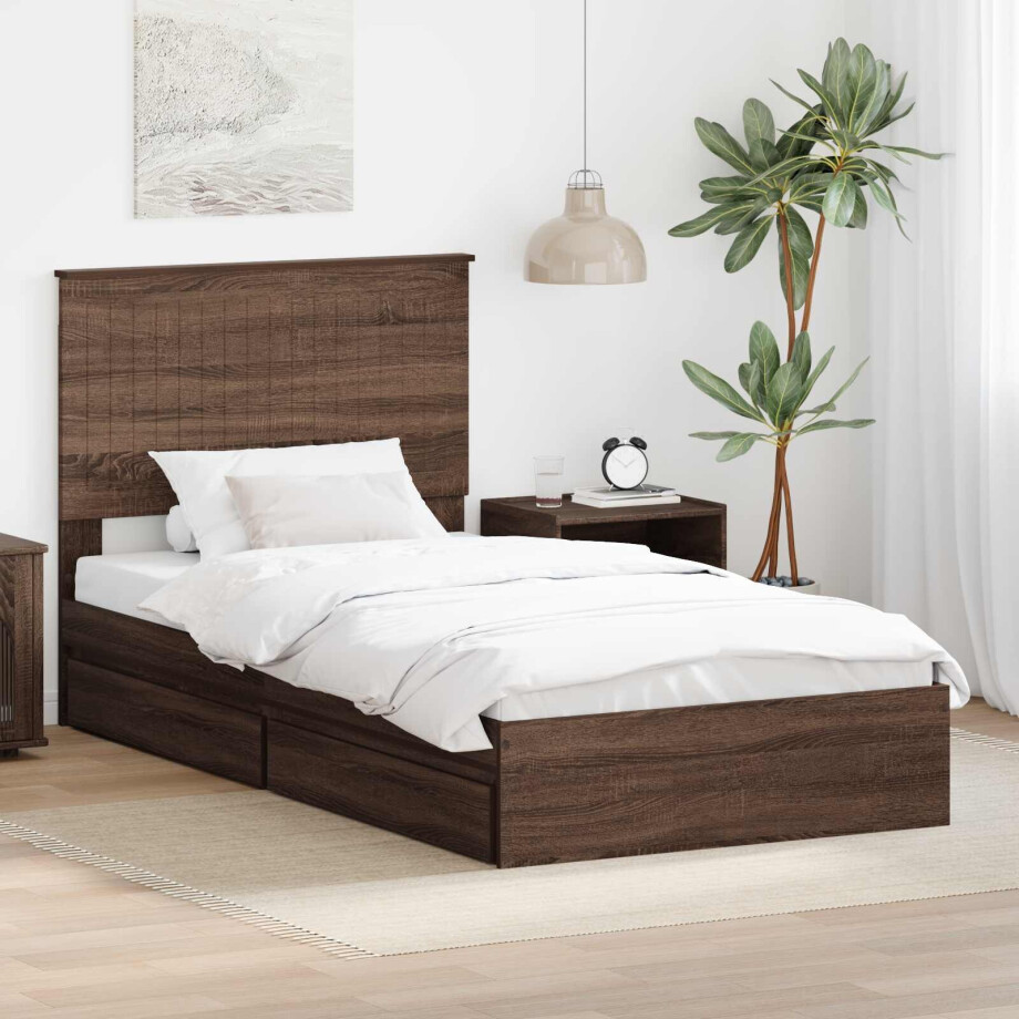 vidaXL Opslag bed met hoofdeinde Bruin Eiken 100 x 200 cm Bewerkt hout vidaXL Opslag bed met hoofdeinde Bruin Eiken 100 x 200 cm Bewerkt hout afbeelding 1